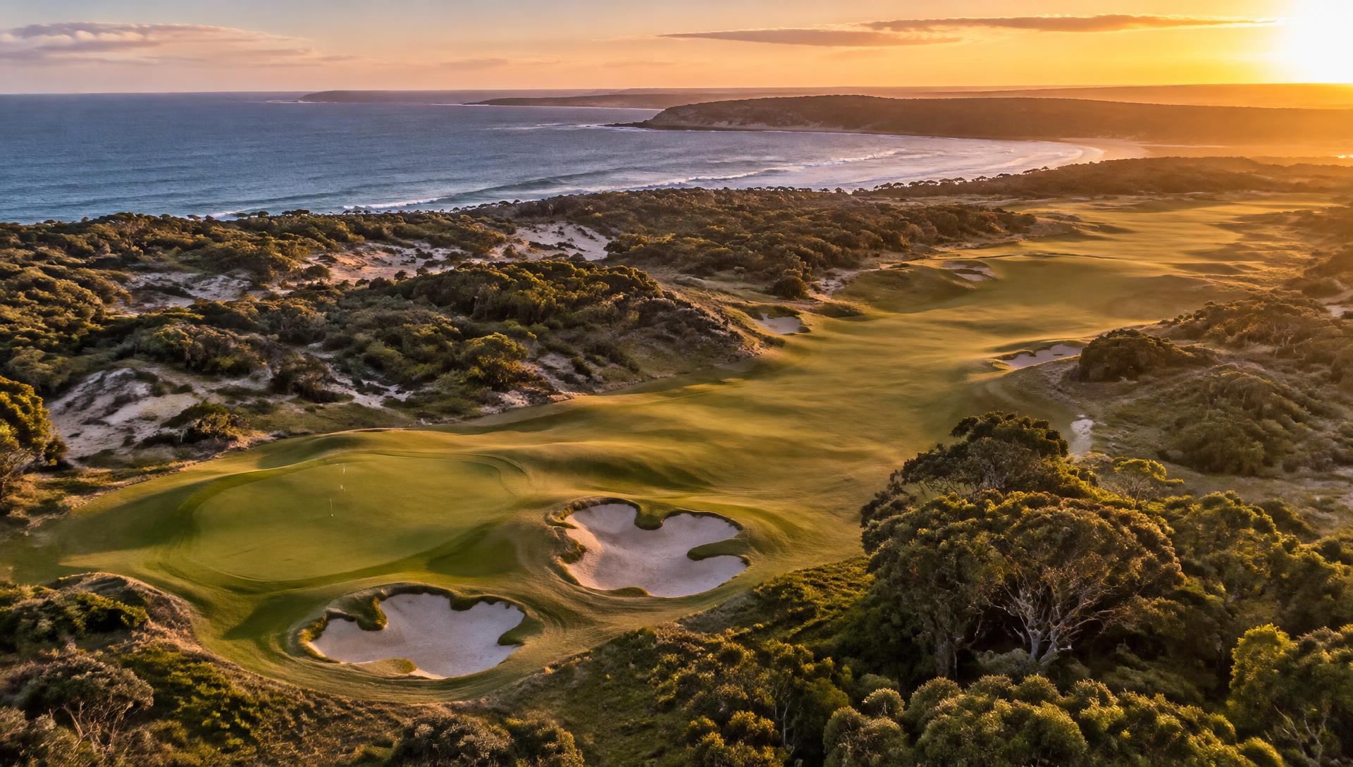 Coastal links golf course at sunset